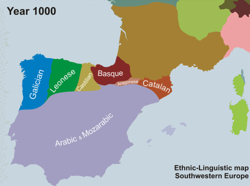 Development of the Romance languages on the Iberian Peninsula in the course of the Reconquista in the 2000 years after the birth of Christ