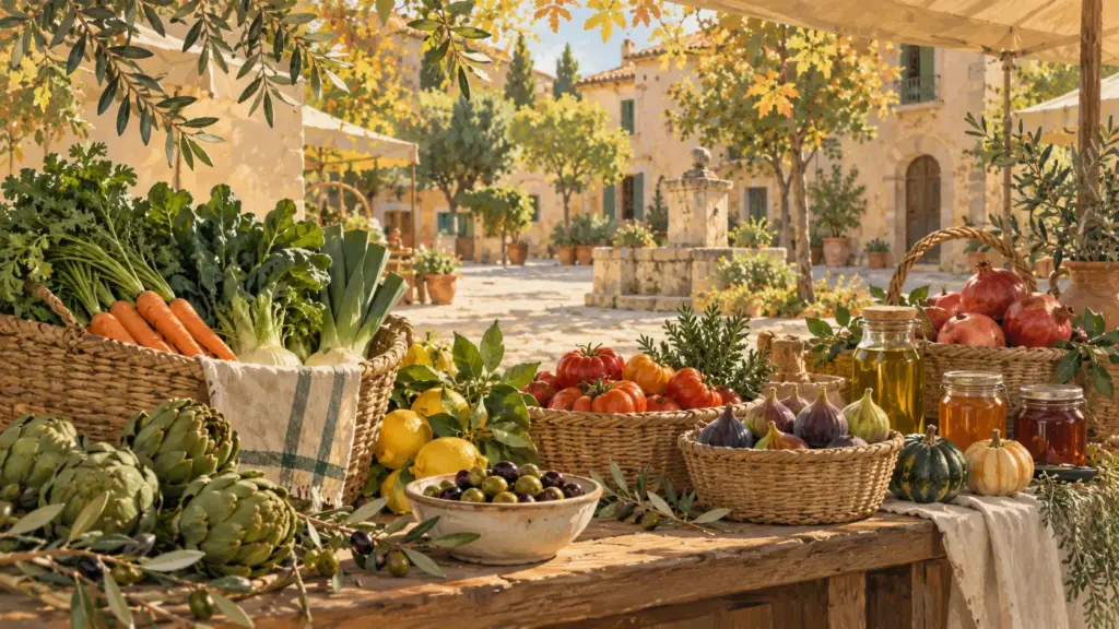 Malerisches Symbolbild eines Marktstands mit Gemüse, Obst und regionalen Produkten auf einem erfundenen mallorquinischen Dorfplatz.
