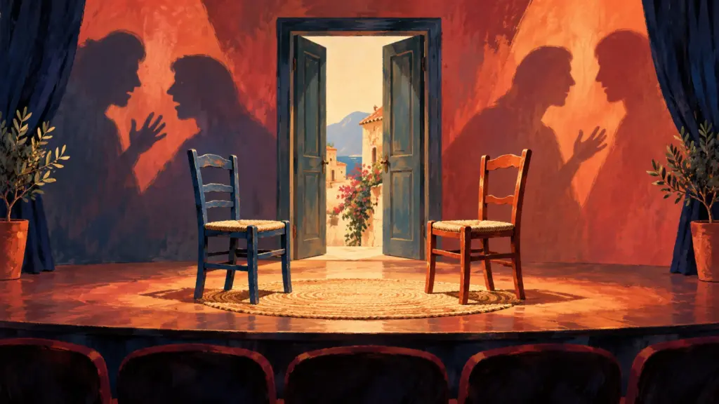 Illustration einer Bühne mit zwei Stühlen als Symbolbild für das Theaterstück Bachata.