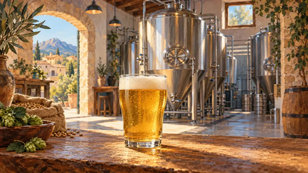Malerisches Symbolbild eines unbeschrifteten Bierglases vor Brautanks in einer erfundenen mediterranen Brauerei.