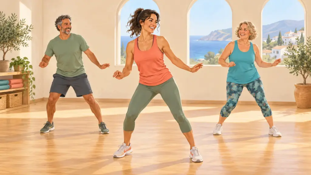 Symbolillustration von drei Erwachsenen beim gemeinsamen Fitness-Tanz in einem hellen Raum.