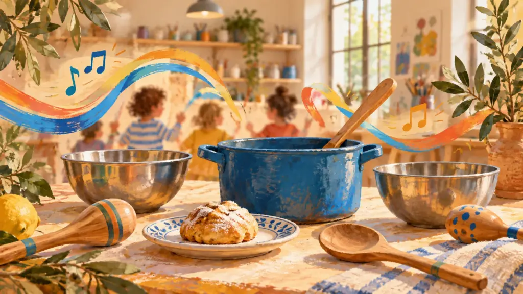 Pintura de una mesa con una olla, cuencos y trazos de color musicales