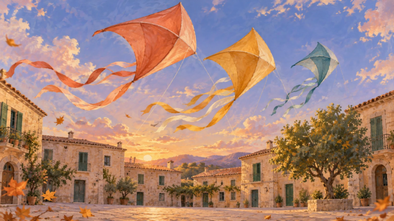 Malerisches Symbolbild großer bunter Drachen über einem mallorquinischen Dorfplatz im Abendlicht.