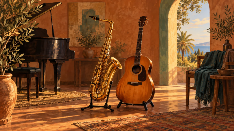 Malerisches Symbolbild mit Saxofon und Gitarre vor einem Klavier im warmen mediterranen Licht.