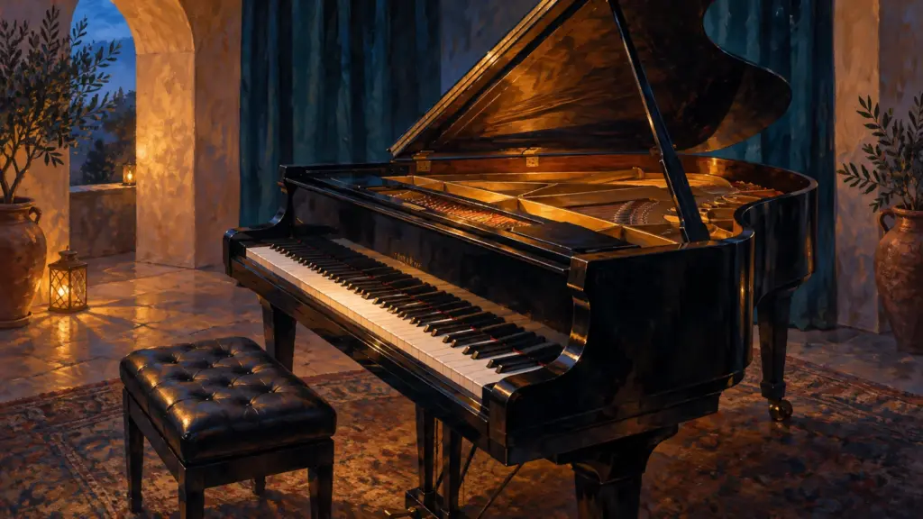 Illustration symbolique peinte : un piano à queue ouvert dans une lumière chaude, devant des ombres bleu profond du soir.