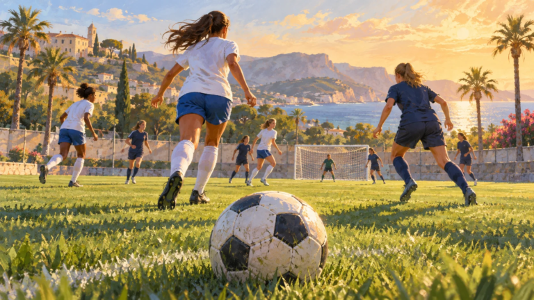 Painted illustration of female soccer players on a Mediterranean field