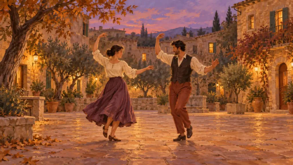Malerische Illustration eines erwachsenen Tanzpaars auf einem mallorquinischen Platz im warmen Abendlicht als Symbolbild für die Ballades de tardor in Inca.