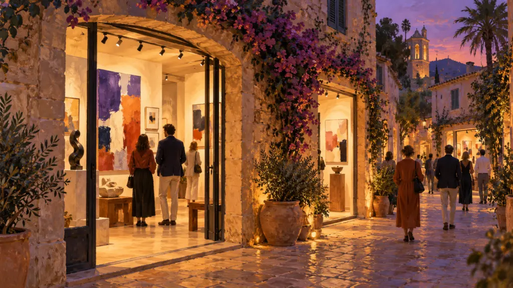 Malerisches Symbolbild einer abendlich beleuchteten mediterranen Kunstgalerie.