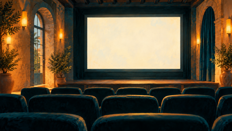 Målad illustrationsbild av en liten biosalong före en filmvisning.
