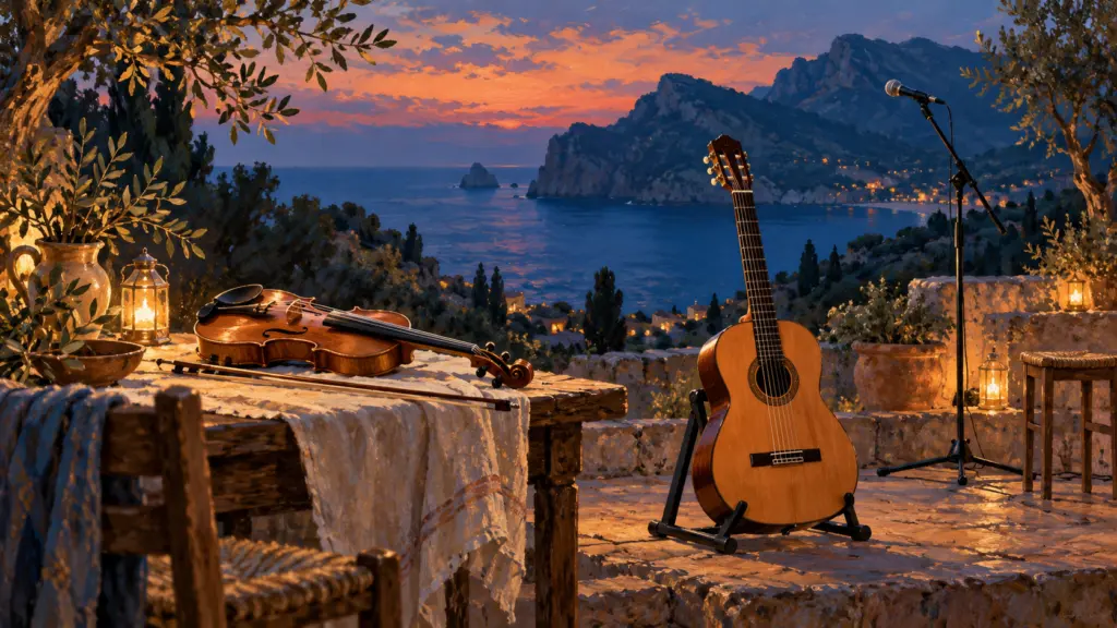 Malerisches Symbolbild einer Geige und einer Gitarre für einen Folk-Musikabend.