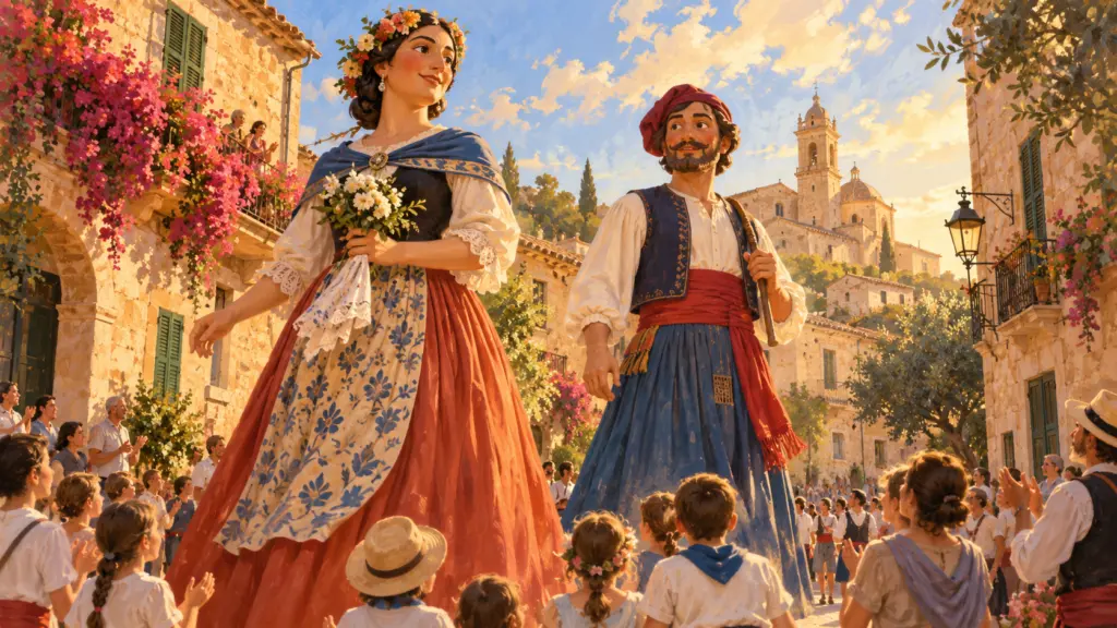 Malerisches Symbolbild einer traditionellen mallorquinischen Gegants-Prozession.