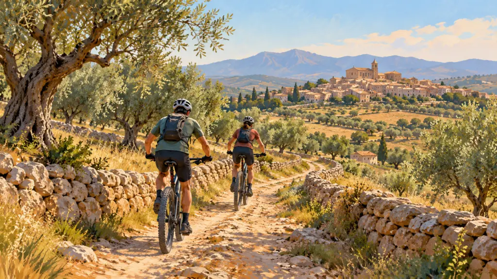 Malerisches Symbolbild einer Mountainbike-Ausfahrt durch mediterrane Landschaft.