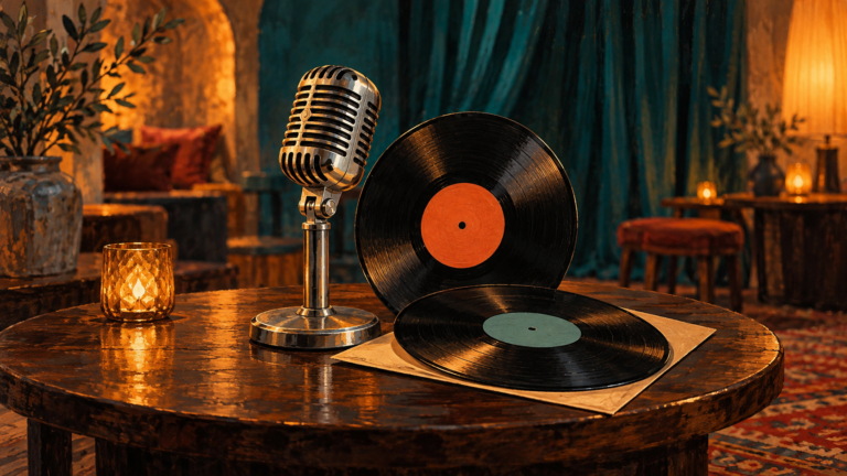 Ilustración pictórica de un micrófono clásico y dos discos sin etiquetas.