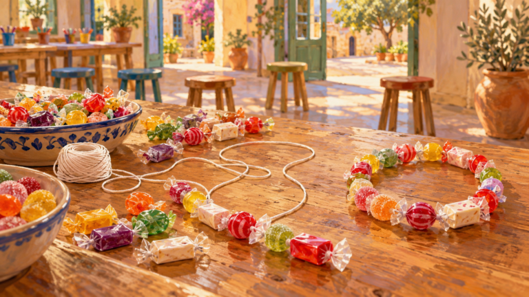 Painted illustration of a craft table with a traditional necklace of sweets.