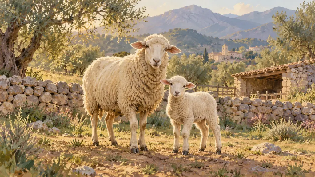 Malerisches Symbolbild eines großen Schafs und eines jungen Schafs an einer ländlichen Trockensteinmauer.