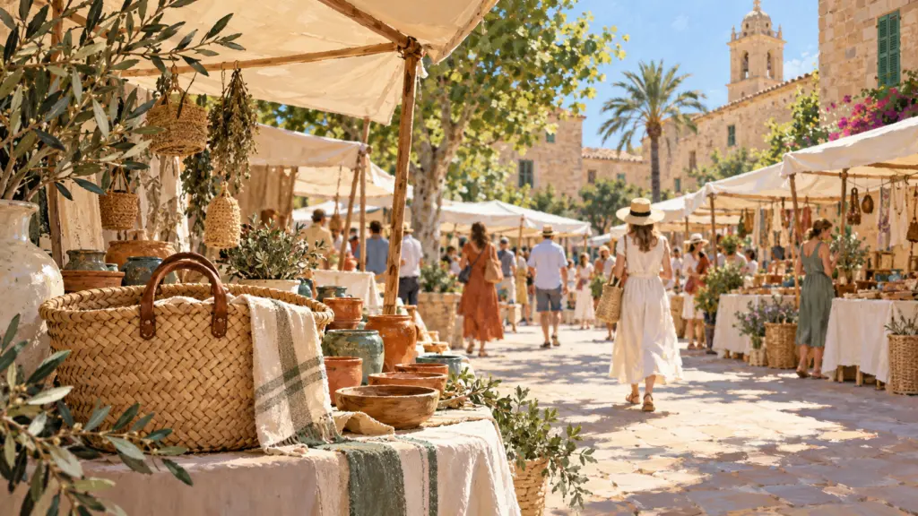 Malerisches Symbolbild eines mediterranen Dorfmarkts mit Ständen und Körben.