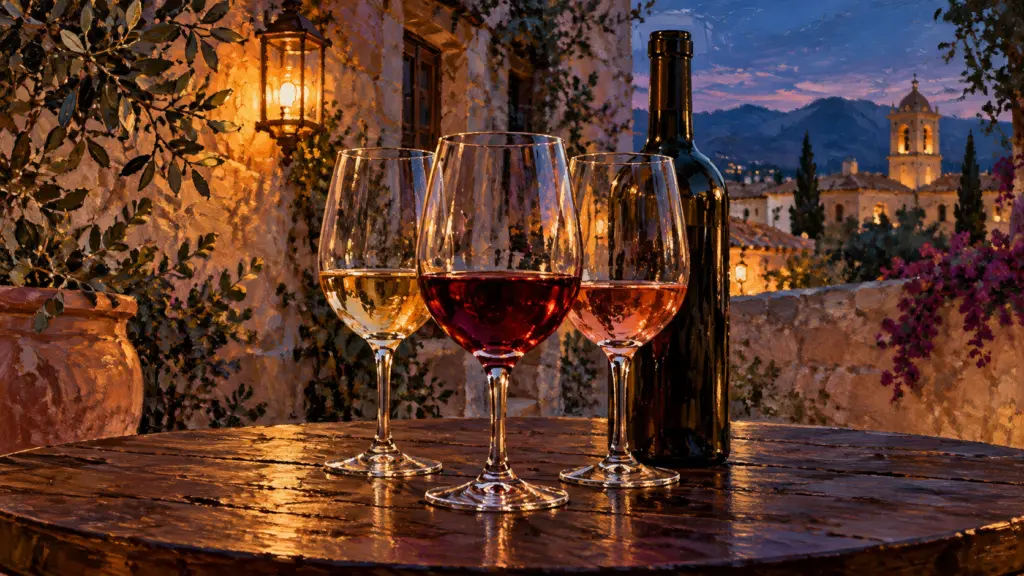 Malerisches Symbolbild mit drei Weingläsern und einer unbeschrifteten Flasche im warmen Abendlicht.