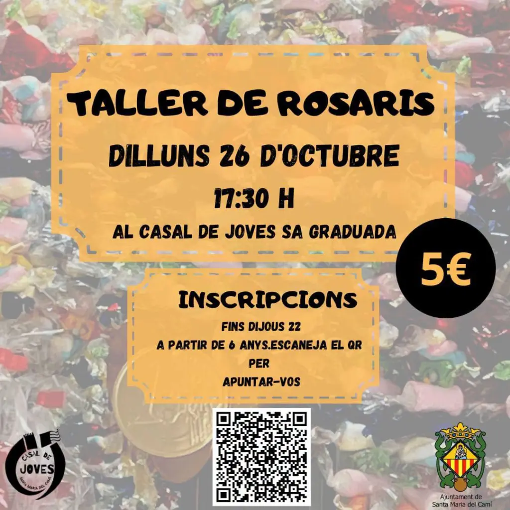 Amtliches Plakat zum Taller de Rosaris mit Datum, Uhrzeit, Preis und Anmeldehinweis.