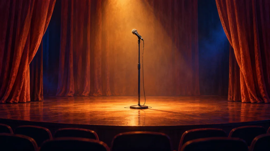 Symbolillustration eines Mikrofons auf einer leeren Theaterbühne.