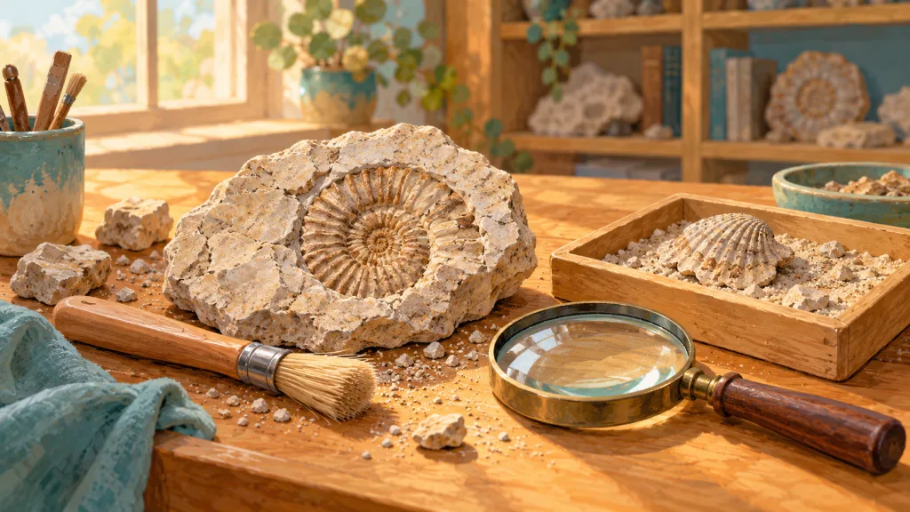 Symbolillustration eines Fossils mit Pinsel und Lupe auf einer Werkbank.