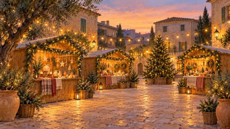 Symbolic illustration of illuminated Christmas market stalls in a fictional Mallorcan village square.