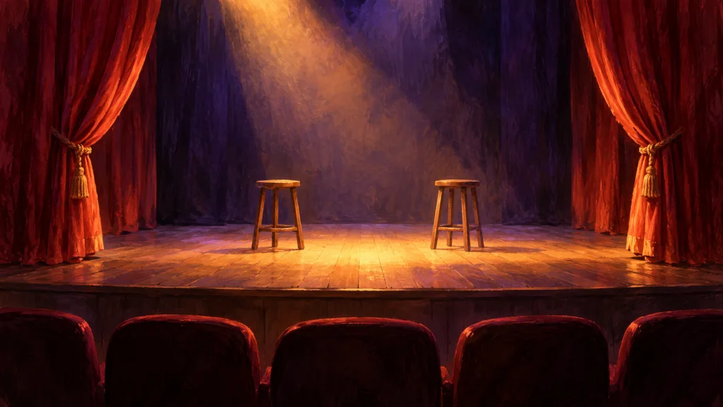 Symbolillustration einer leeren Theaterbühne mit zwei Hockern.