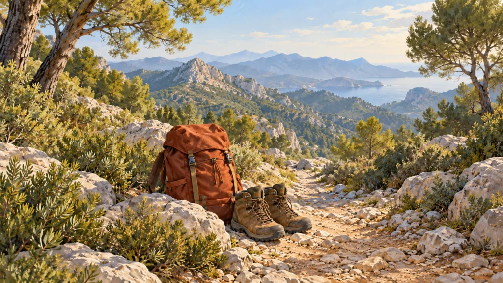 Symbolillustration von Wanderrucksack und Schuhen an einem mediterranen Bergpfad.
