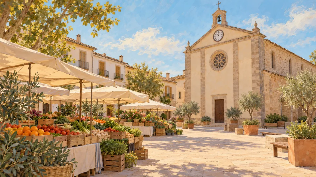 Marktillustration auf der Plaça Major in Consell vor der Kirche mit Uhr und Rosettenfenster.