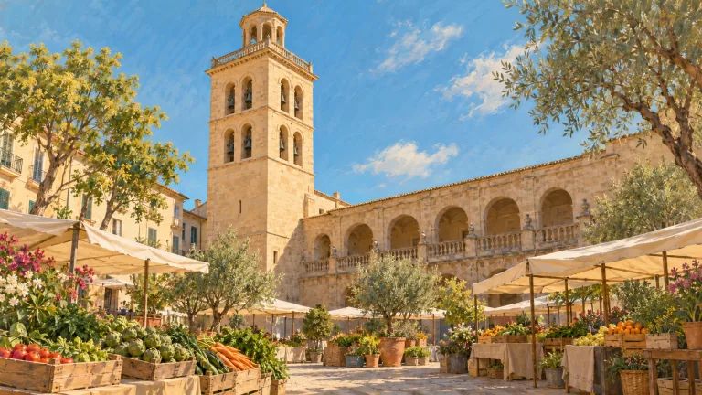 Marktillustration aus Inca mit dem Glockenturm von Santa Maria la Major.