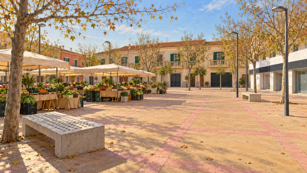 Marktillustration auf der Plaça de les Palmeres mit rosa Pflasterraster und niedrigen Wohnhäusern.