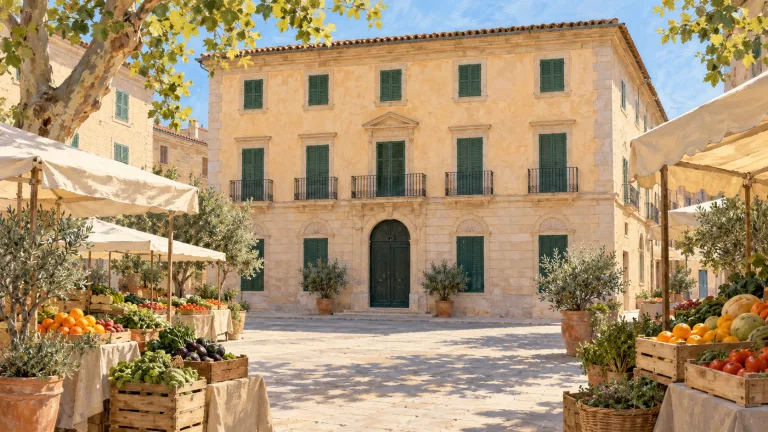 Marktillustration auf der Plaça de la Vila in Porreres mit dem Rathaus und seinen grünen Fensterläden.