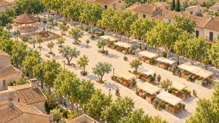 Illustration af markedet på Plaça Nova i Santa Maria del Camí med den runde pavillon.