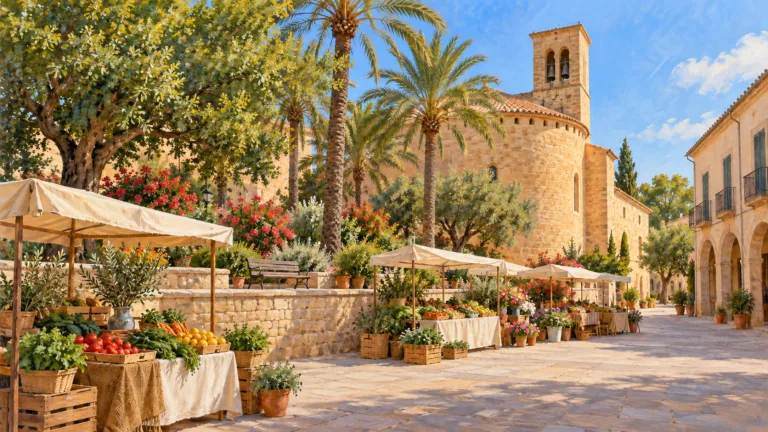 Marktillustration auf der Plaça de Sant Miquel in Calonge mit der seitlichen Kirchenansicht und Palmen.