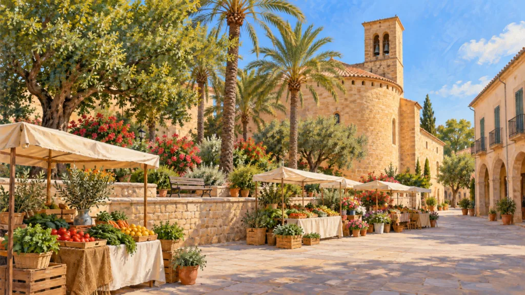 Marktillustration auf der Plaça de Sant Miquel in Calonge mit der seitlichen Kirchenansicht und Palmen.
