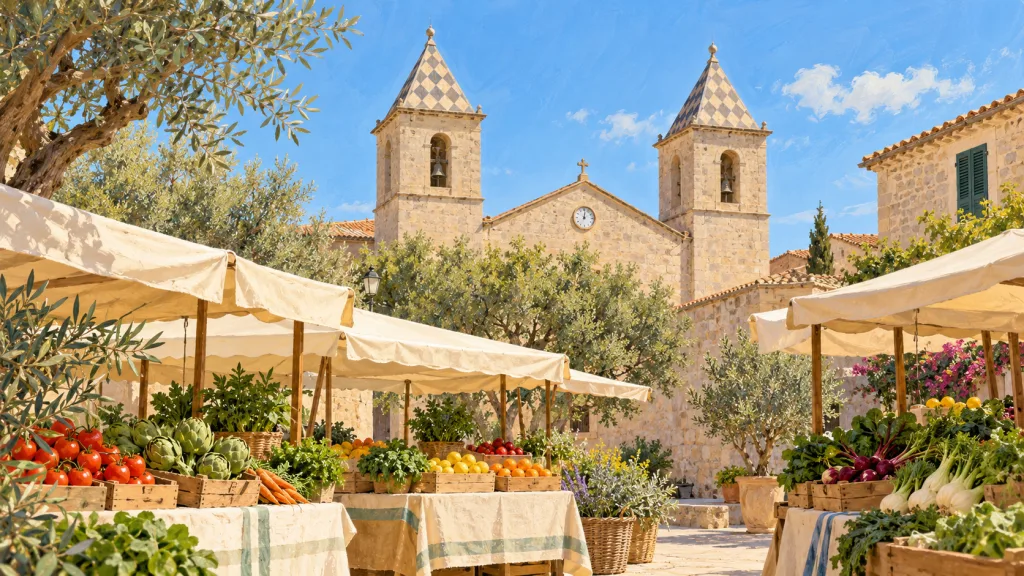 Marktillustration auf der Plaça Sant Josep in S’Alqueria Blanca mit den beiden Kirchtürmen.