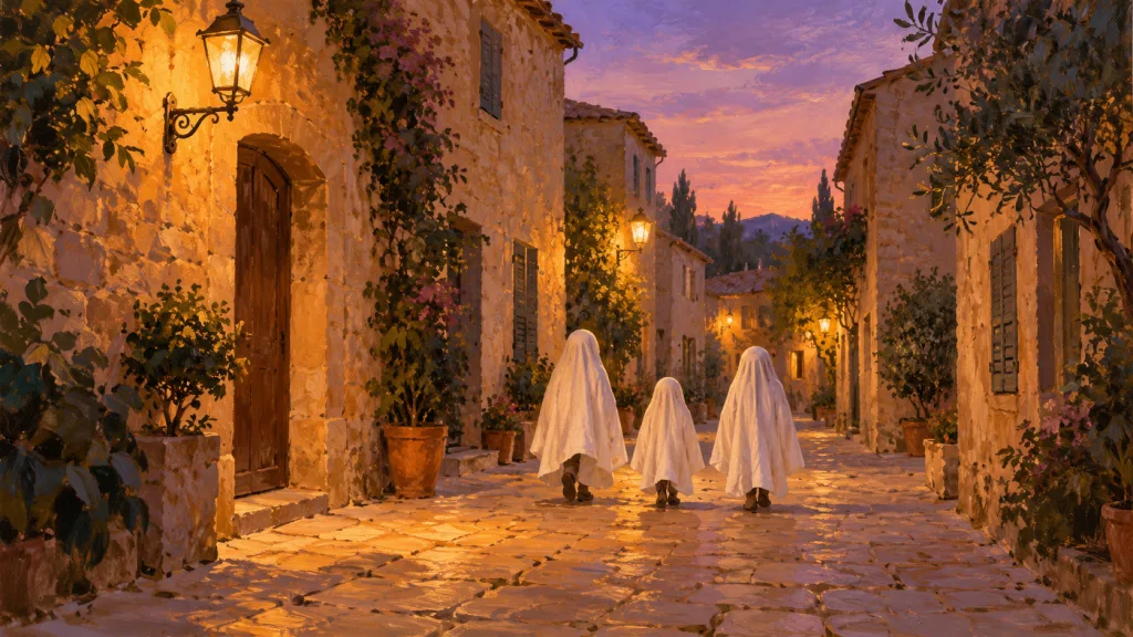 Symbolillustration einer Geisterprozession durch eine fiktive mallorquinische Gasse bei Dämmerung.