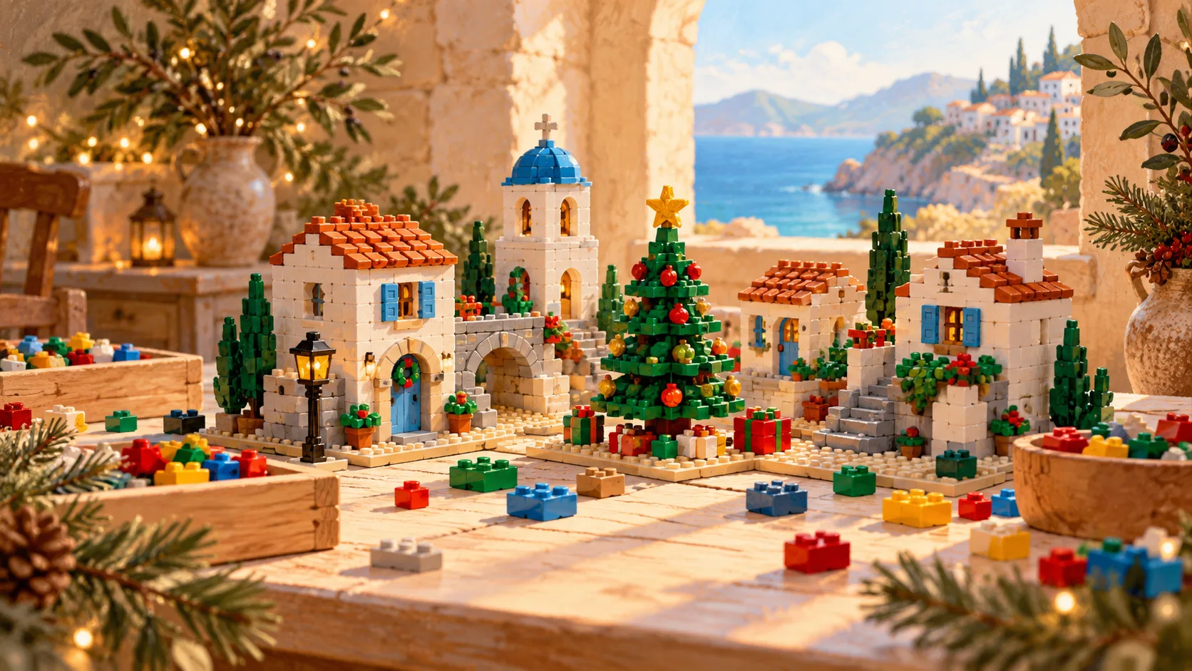 Illustration of a Christmas village model made from colourful interlocking building blocks on a craft table.