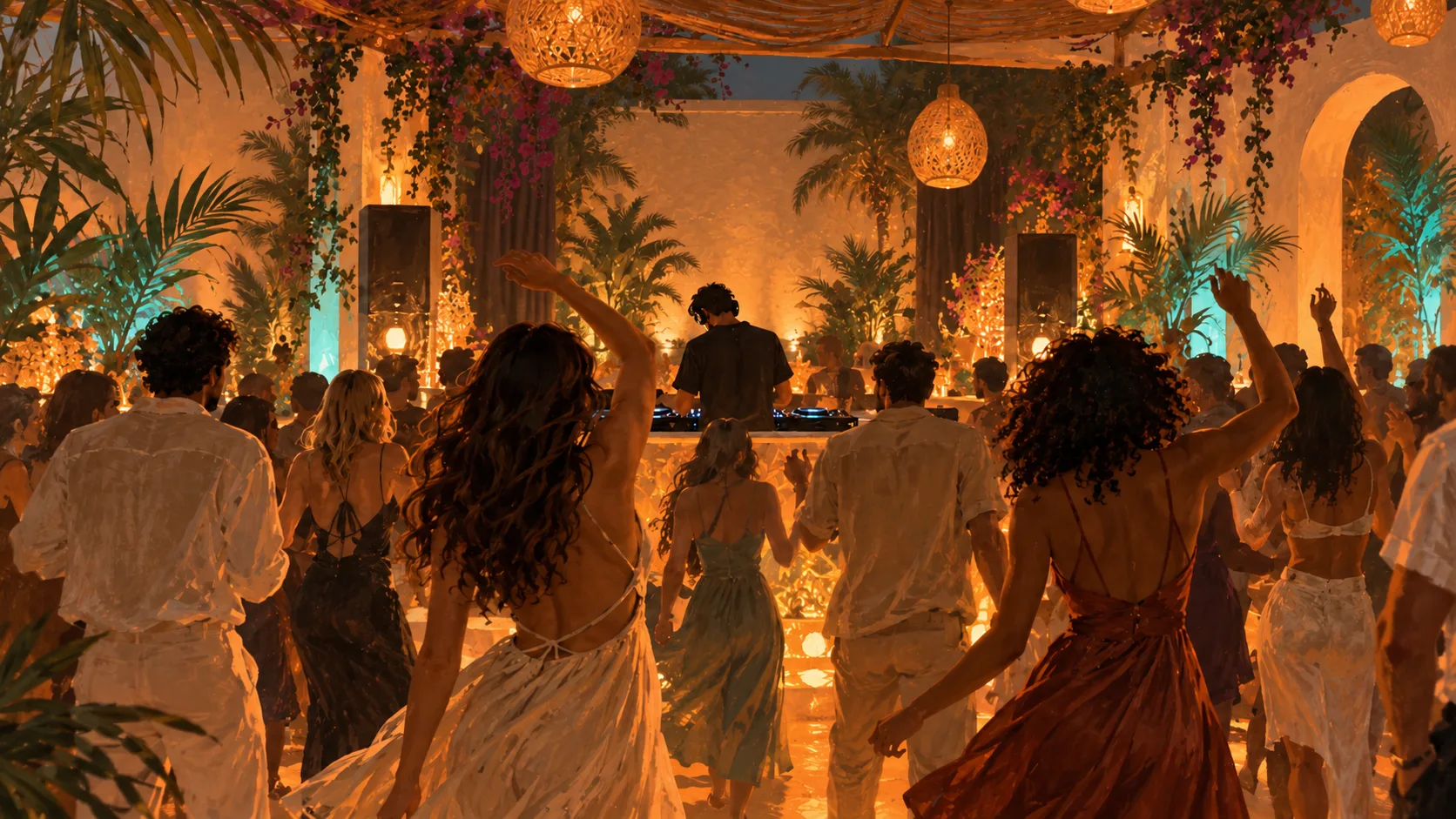 Illustration symbolique d’une soirée en club, avec des adultes qui dansent et un DJ dans une cour imaginaire.