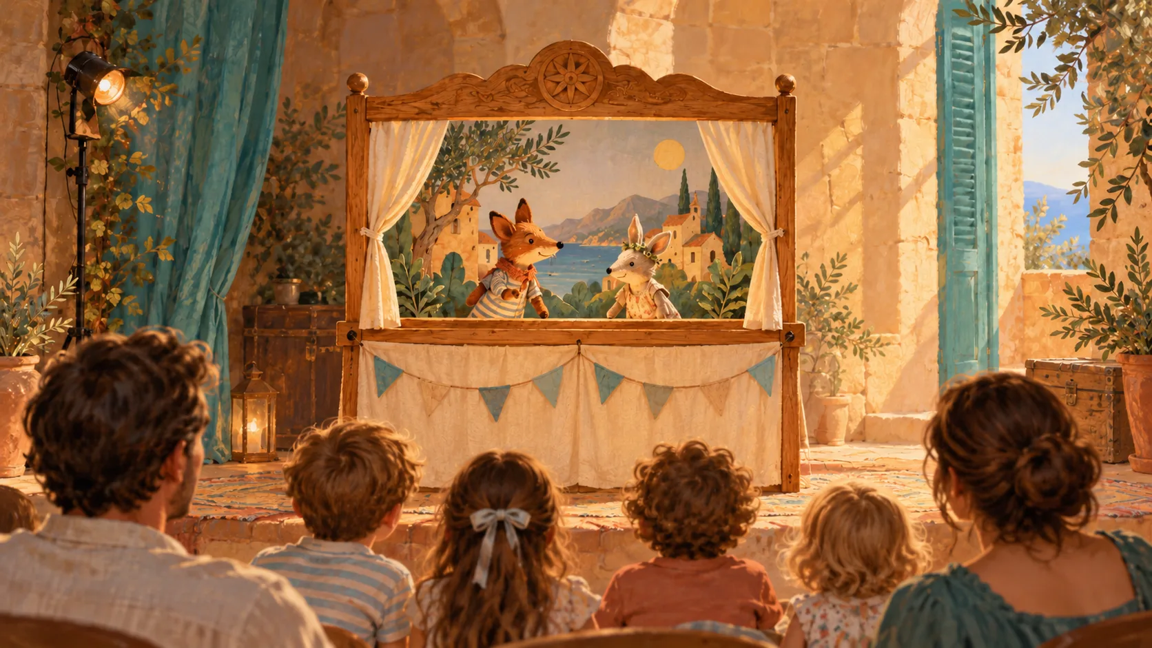 Illustration of a small puppet theatre with two animal puppets performing for an audience of families.