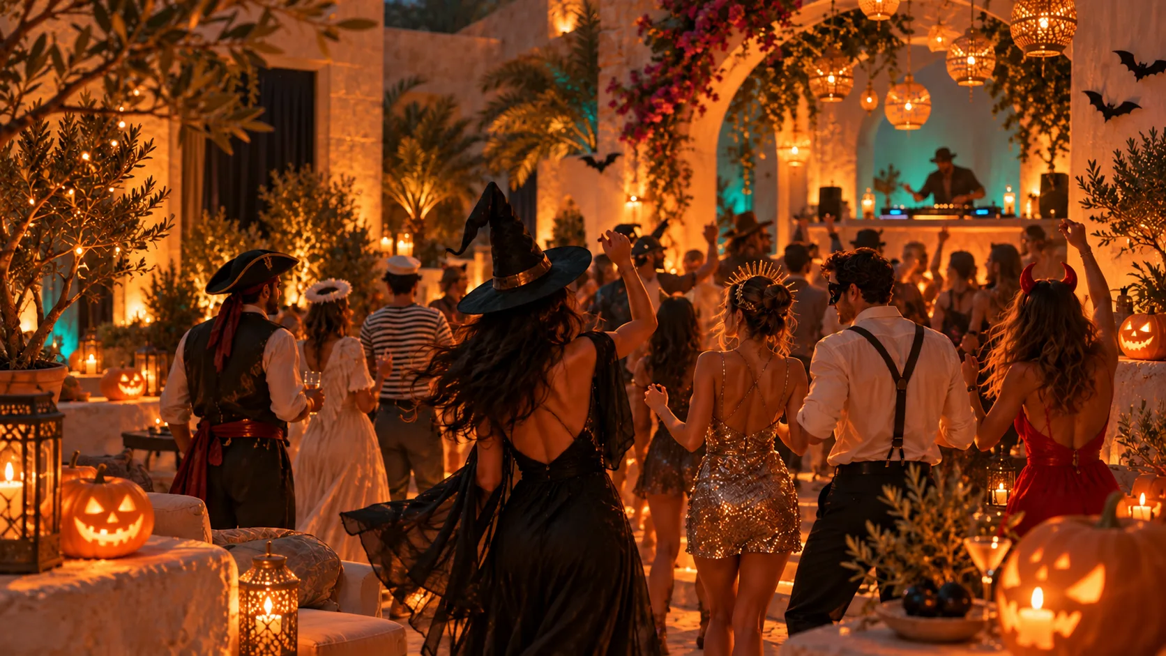 Illustration symbolique d’une soirée Halloween en club pour adultes, avec des costumes, des citrouilles et un DJ dans une cour imaginaire.