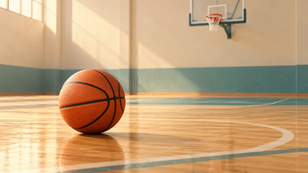 Symbolillustration eines Basketballs auf dem Boden einer Sporthalle.