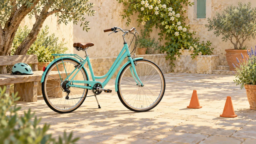 Symbolic illustration of a bicycle, a helmet and two training cones in a courtyard.