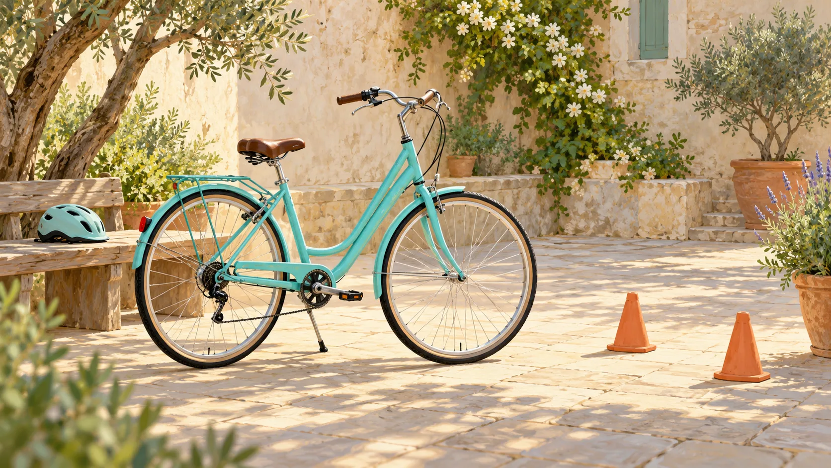Symbolic illustration of a bicycle, a helmet and two training cones in a courtyard.