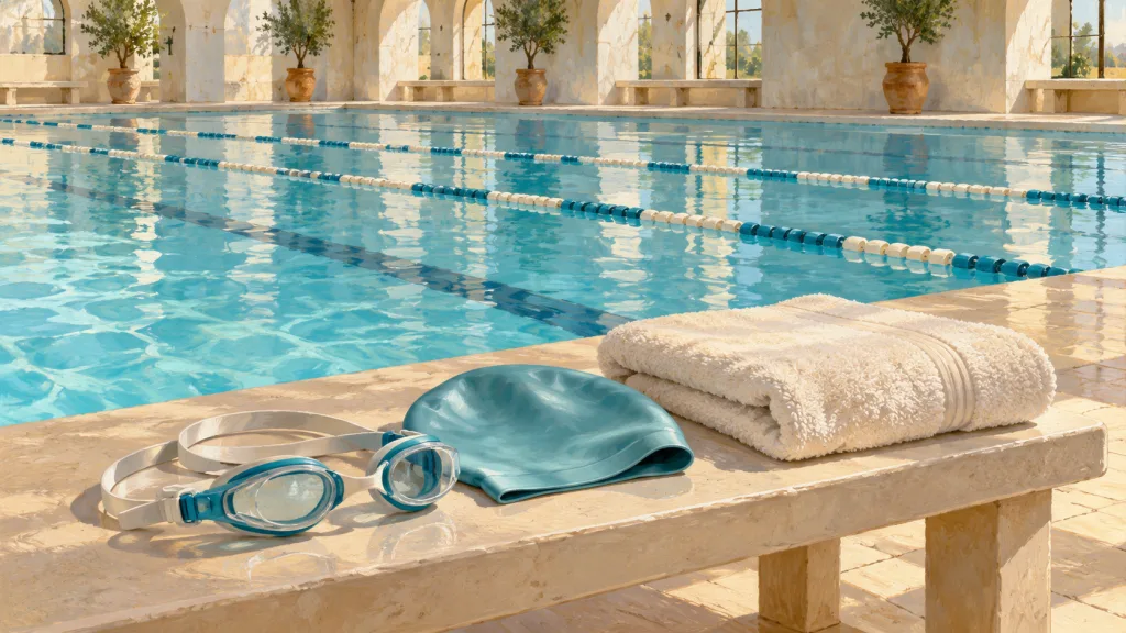 Ilustración simbólica de unas gafas de natación, un gorro y una toalla junto a una piscina.