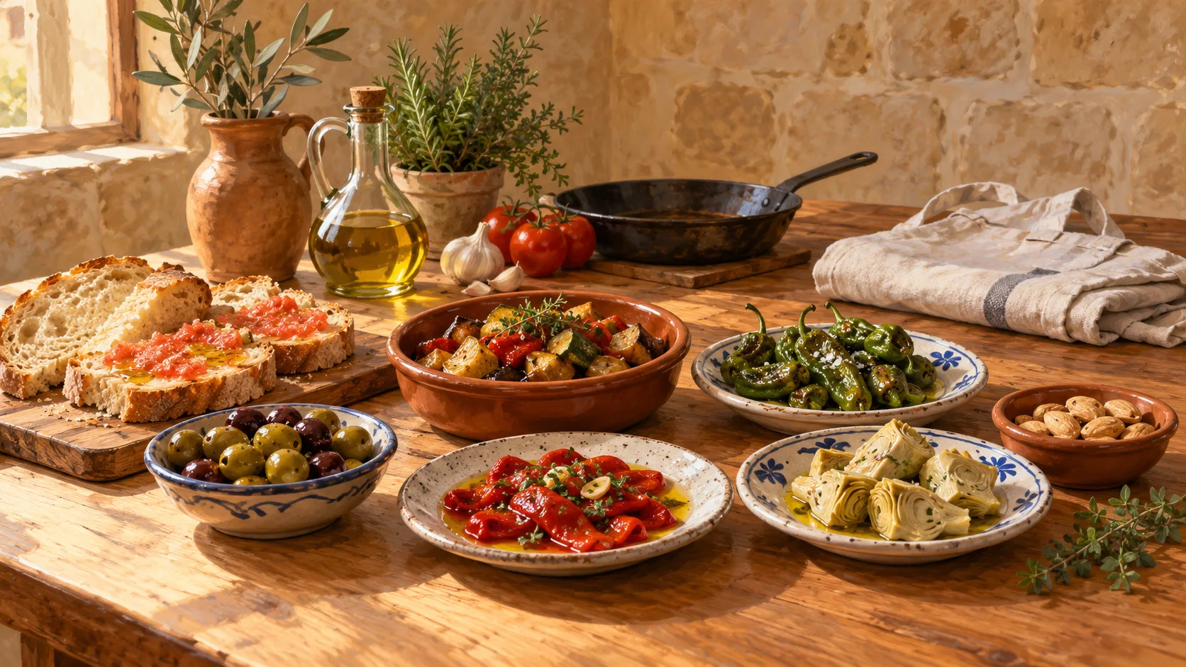 Illustrazione simbolica di tapas, pane, olio d’oliva e verdure su un tavolo da cucina.