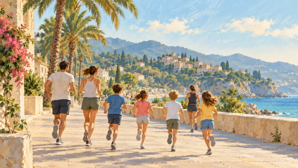 Ilustración simbólica de niños y adultos que corren por un paseo mediterráneo imaginario.