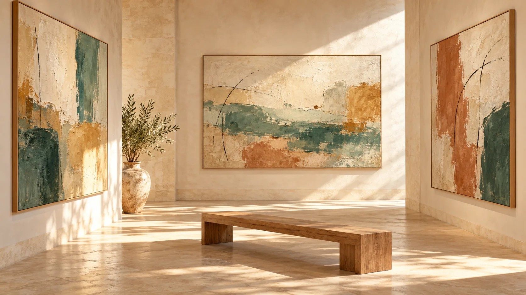 Illustrazione simbolica di una sala luminosa con opere astratte immaginarie e una panca di legno.