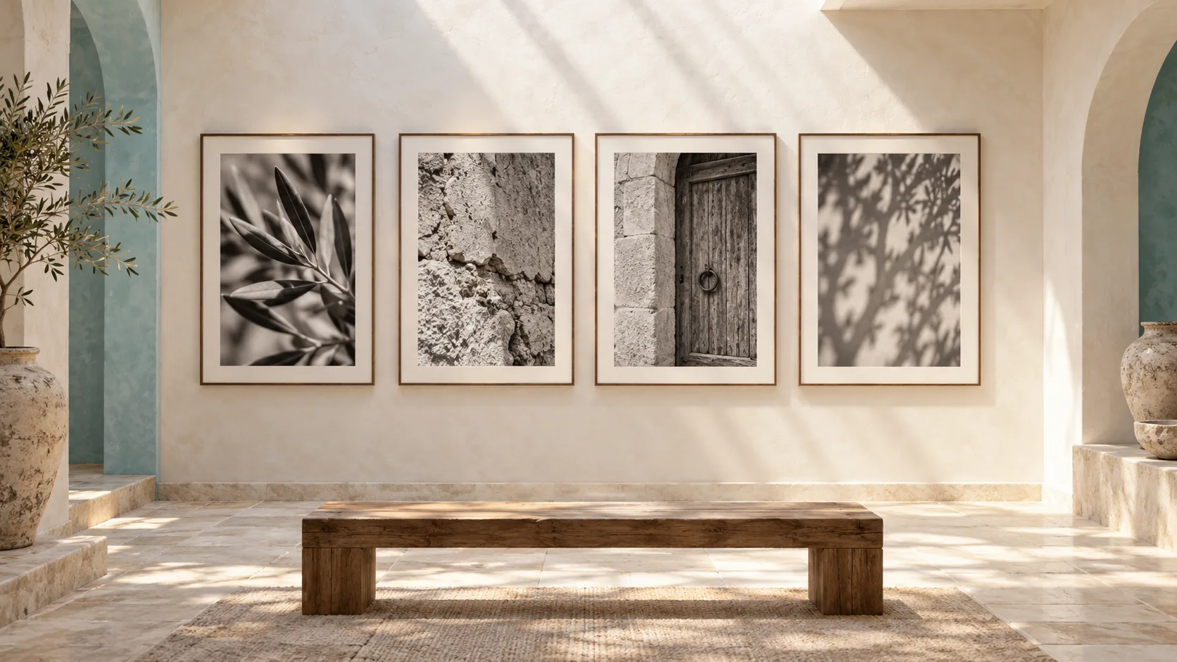 Illustrazione simbolica di una mostra fotografica con immagini immaginarie in bianco e nero e una panca di legno.