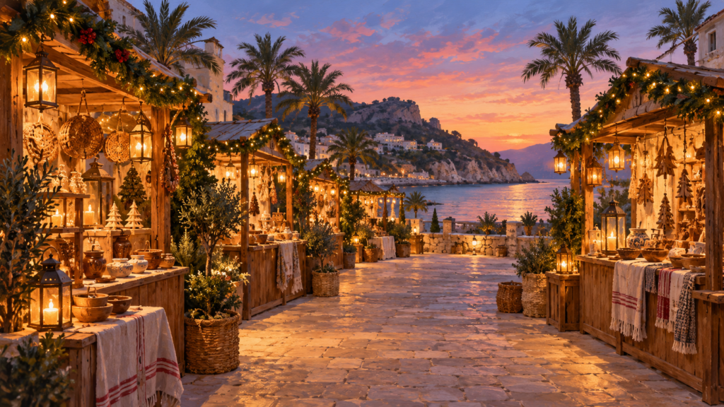 Symbolische Illustration: stimmungsvoll beleuchtete Marktstände in einer fiktiven mediterranen Wintermarktszene.