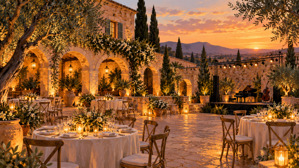 Symbolische Illustration: festlich vorbereiteter Hof einer fiktiven mediterranen Finca am Abend.